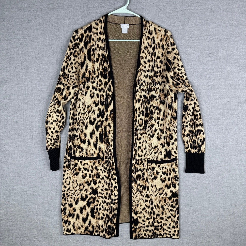 Chicos Leopard Print Open Front Longline Cardigan Sweater‎ Cashmere Blend Sz 2 L
